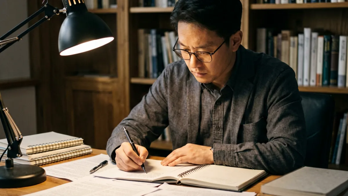 深度文章配图：研究人员在灯光下翻阅大量文字资料，呈现肉便器议题的文献梳理场景