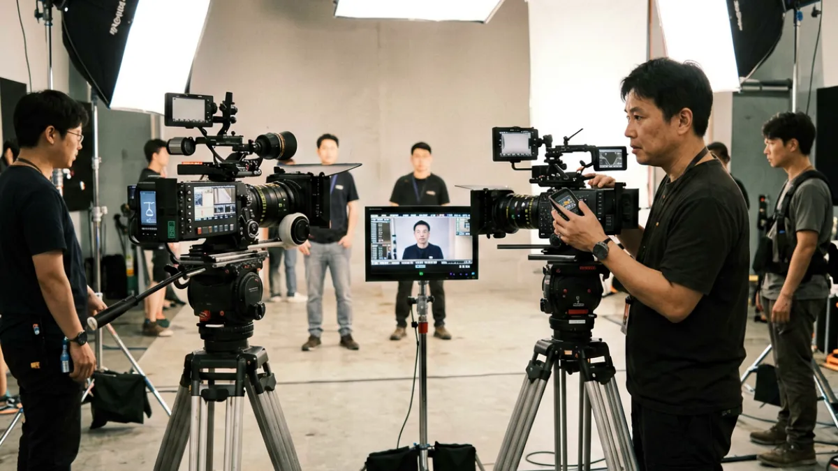 肉便器主题视频的双机位拍摄现场幕后截图，导演正在指挥演员走位